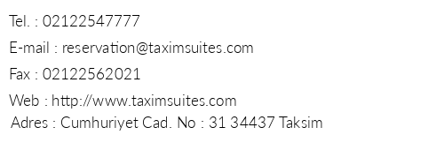 Taxim Suites telefon numaralar, faks, e-mail, posta adresi ve iletiim bilgileri